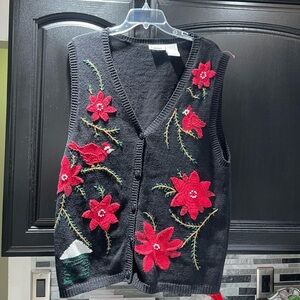 Vtg Capacity Black Sweater Christmas Vest  Red Cardinals & Flowers Size XL
